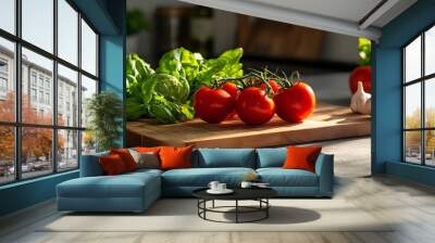 Rustic kitchen counter with fresh vegetables and herbs, a green organic food concept. Wall mural