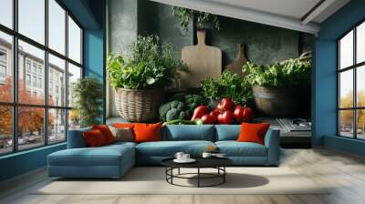 Rustic kitchen counter with fresh vegetables and herbs, a green organic food concept. Wall mural