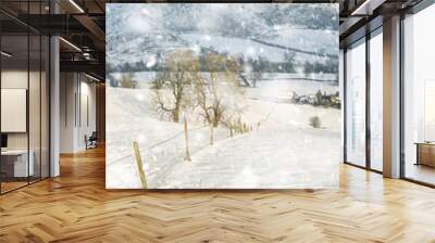 Beautiful snow covered Winter landscape at sunrise in Peak District in England in heavy snow storm Wall mural