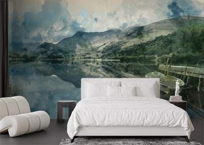 Digital watercolor painting of Panorama landscape rowing boats on lake with jetty against mountain background Wall mural