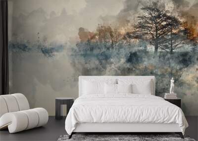 Digital watercolour painting of Landscape of lake in mist with sun glow at sunrise Wall mural