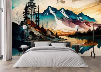 Generative AI illustration of fantasy landscape created using cel shading and alcohol ink spills Wall mural