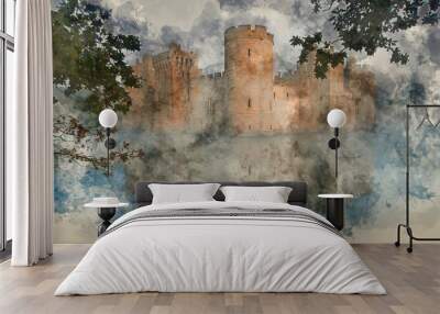 watercolor painting of medieval castle at sunrise landscape Wall mural