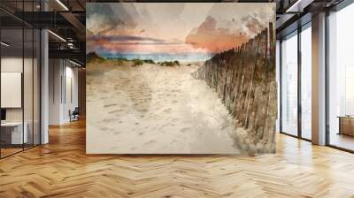 Watercolour paintinng of Grassy sand dunes landscape at sunrise Wall mural