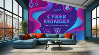 Cyber Monday sale offer text banner design with creative 3d flow shapes on colorful blue background. online shopping and marketing advertisement concept, vector gradient trendy illustration. Wall mural