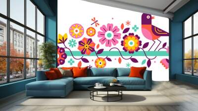 Png  in simple flat geometric and linear style in bright colors -  with decorative flowers, leaves and bird with copy space for text - design  for wedding invitations Wall mural