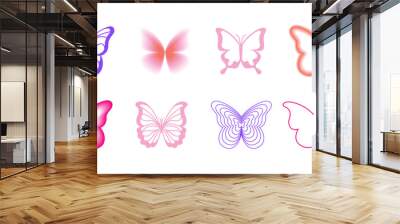 Png set of design elements and illustrations in simple minimalist linear style - self care and love, prints and posters in y2k style, butterflies Wall mural