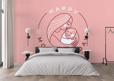 Vector abstract logo design template and illustration in simple linear style - happy mother's day greeting card Wall mural