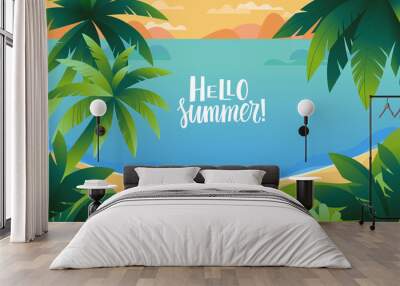 Vector illustration - beach landscape - plants, leaves, palm trees and ocean Wall mural