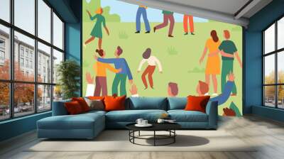 Vector illustration in flat cartoon simple style with characters - open air music summer festival - happy people dancing and band performing in the park Wall mural