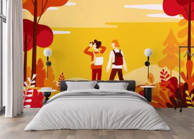 vector illustration in flat linear style - autumn background Wall mural