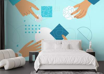 Vector illustration in flat linear style - female business concept - girl power - female hands holding abstract figures and shapes Wall mural