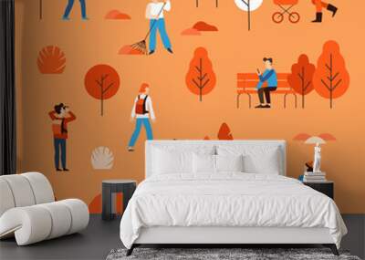 Vector illustration in flat simple linear style -  people walking in the public autumn park Wall mural