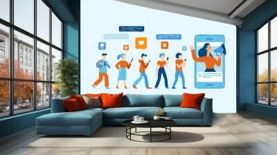 Vector illustration in flat simple style with characters - influencer marketing concept Wall mural