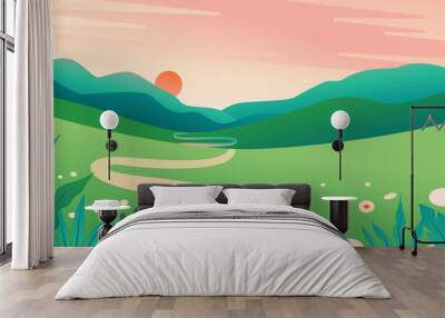 Vector illustration in flat simple style  with copy space for text - summer landscape with natural scene - gradient hills - abstract background or wallpaper for banner, greeting card, wallpaper Wall mural