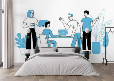 vector illustration in simple flat linear style with smiling cartoon characters - teamwork and coope Wall mural