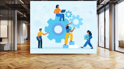 Vector illustration in simple flat style - teamwork and development concept - people holding  abstract geometric shapes and gears Wall mural