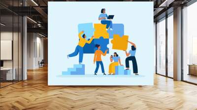 Vector illustration in simple flat style - teamwork and development concept - people holding  abstract geometric shapes and puzzle pieces - organisation and management Wall mural