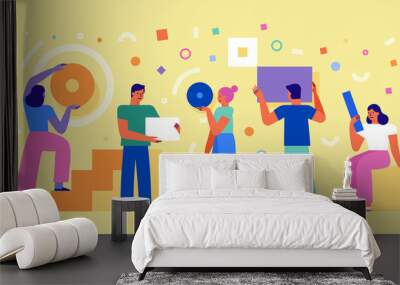 Vector illustration in simple flat style - teamwork and development concept - people holding  abstract geometric shapes Wall mural