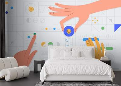 Vector illustration in simple flat style with hands and abstract user interface - teamwork and collaboration concept - tuning and developing app for business Wall mural