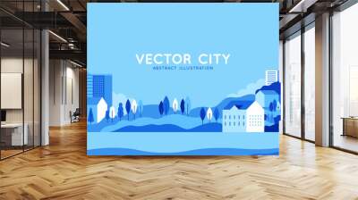 Vector illustration in simple minimal geometric flat style - city landscape with buildings, hills and trees - abstract horizontal banner Wall mural