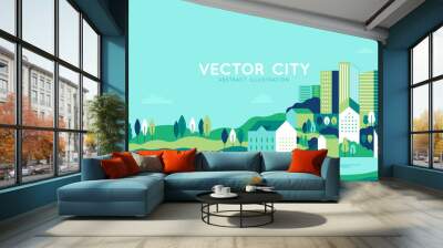 Vector illustration in simple minimal geometric flat style - city landscape with buildings, hills and trees - abstract horizontal banner Wall mural