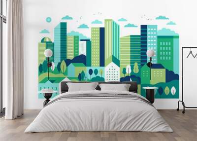 Vector illustration in simple minimal geometric flat style - city landscape with buildings, hills and trees Wall mural