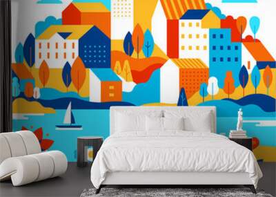 vector illustration in simple minimal geometric flat style - city landscape with buildings, lake, fl Wall mural