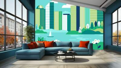 vector illustration in simple minimal geometric flat style - city landscape with buildings, lake flo Wall mural