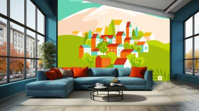 Vector illustration in simple minimal geometric flat style - landscape with buildings, hills and trees Wall mural