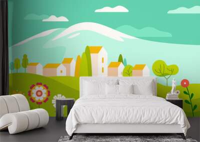 vector illustration in simple minimal geometric flat style - village landscape with buildings, hills Wall mural