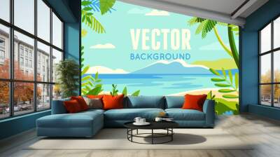 Vector illustration in trendy flat and linear style - background with copy space for text - plants, leaves, palm trees and sky - beach landscape Wall mural