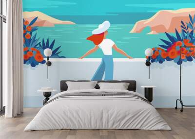 Vector illustration in trendy flat and simple style -  summer landscape and woman enjoying vacation Wall mural