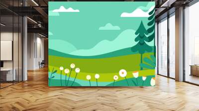 Vector illustration in trendy flat simple style - spring and summer background with copy space for text - landscape with plants, leaves, flowers - background for banner, greeting card, poster and adve Wall mural