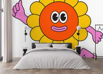 Vector  in simple linear style - design templates and stickers - hippie, happy and groovy smiling character, funny sun and flower Wall mural