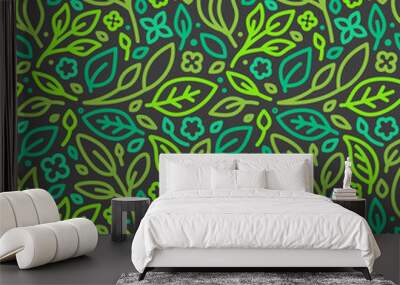 Vector seamless pattern with green leaves Wall mural