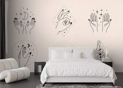 Vector set of abstract logo design template in simple linear style - hands and stars - mystic abstract symbols Wall mural