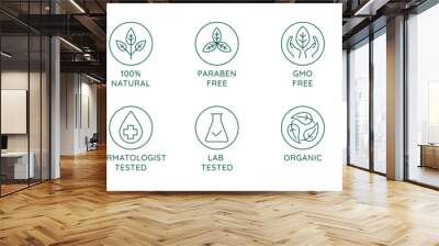 Vector set of design elements, logo design template, icons and badges for natural and organic cosmetics in trendy linear style - cruelty free, organic product, sustainable development Wall mural