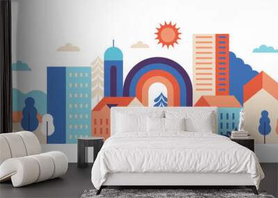 Vector simple flat illustration, summer vacation, tropical hotel,  geometric summer pattern and banner, sun travel, landscape with island scenery with houses, horizontal banner Wall mural