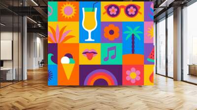 Vector simple flat illustrations and icons, geometric summer pattern and banner, vacation and tropical travel, flowers and plants simple shapes, festival and sale posters Wall mural