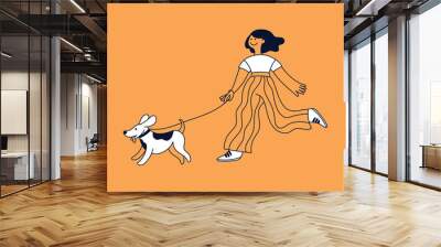 Vector simple illustration in line style, girl walking with a dog on a lead, friendly mascot and character Wall mural