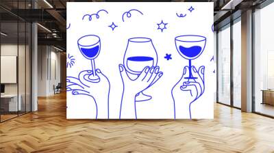 Vector simple minimal linear style illustration with cartoon hands holding wine glasses, celebration and party vibe, invitation design element, banner, template Wall mural