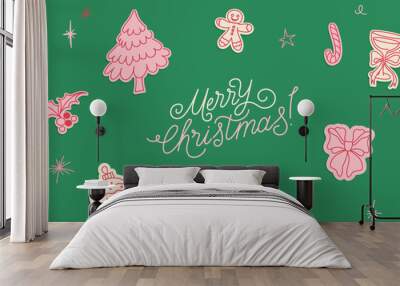 Vector whimsical christmas line illustrations, merry christmas and festive vibes,  line shapes and forms, icons and design elements in line style Wall mural