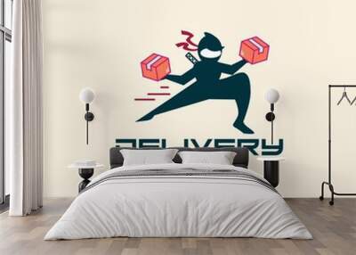 Delivery ninja man courier lifting package logo design vector template. Courier wearing mask. Express delivery service concept. Wall mural