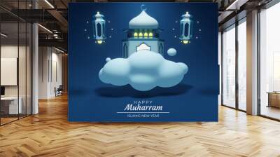 Happy Muharram beautiful greeting card with 3d mosque, lantern, and clouds Wall mural