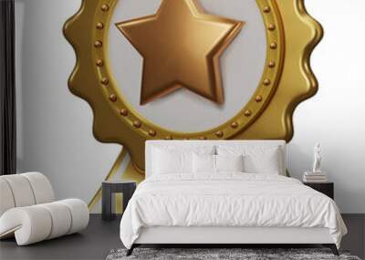 3D quality golden guarantees a medal with a star and ribbon. Gold badge warranty icon. Realistic graphics Certificate Badge icon, Yellow award badge. Wall mural