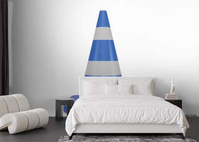 3d traffic cones with white and blue stripes isolated on white background. Construction cone icon. Single blue traffic warning cone. Under construction, and maintenance. 3D vector illustration. Wall mural