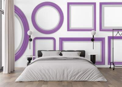 Set of purple modern frame isolated on white background. Realistic rectangle, circle, oval Photo purple frames mockup. Classic Borders set for painting, and photo gallery. 3d vector illustration. Wall mural