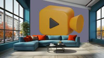 Yellow Video camera icon isolate on background. 3d Realistic movie icon, play button for the interface of applications and web pages. Video, streaming, multimedia concept. 3D vector illustration. Wall mural