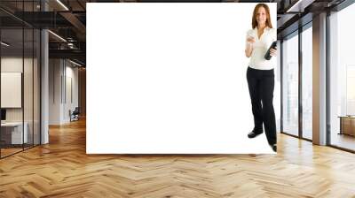 Portrait of young girl with two glasses and bottle of wine Wall mural